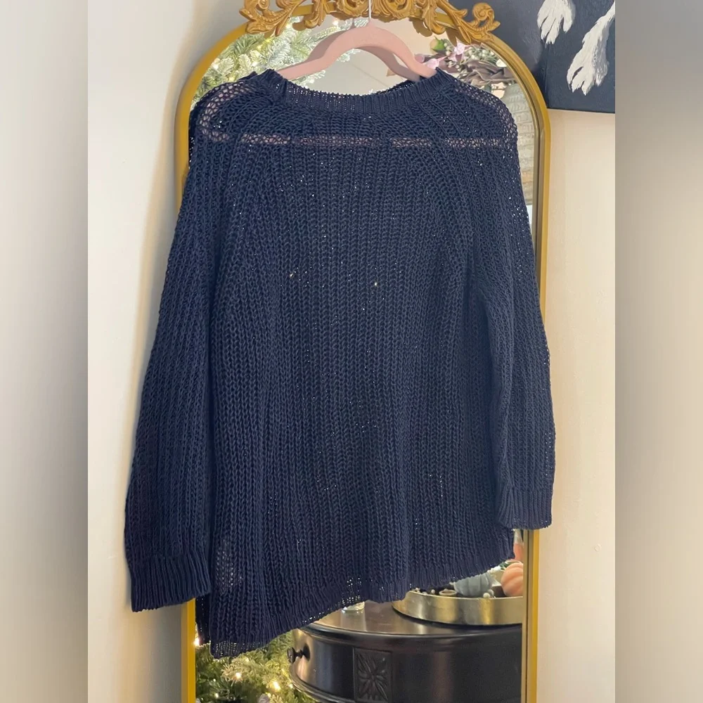 J. Crew Knit 100% Linen Sweater Navy Blue Mesh Crew Neck Long Sleeve - Picture 7 of 9